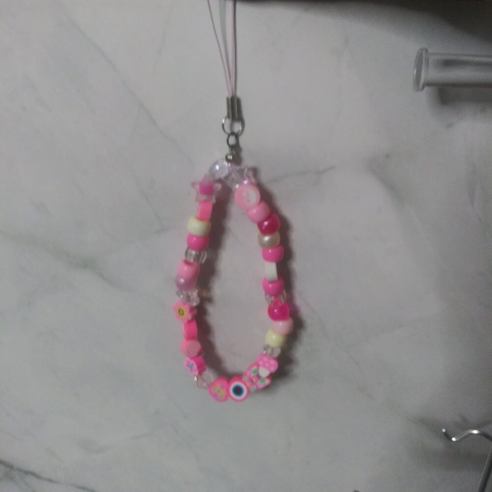 Pink Kawaii Beaded Phone Charm Strap with Flower, Smiley, and Butterfly Charms